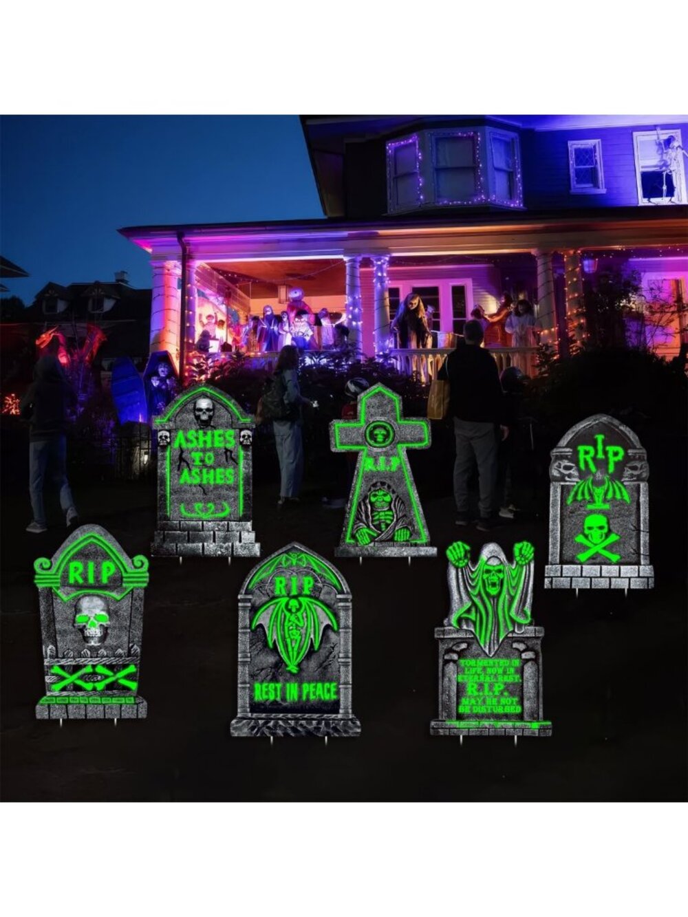 6 Pack Glowing Halloween Tombstone Decorations - Waterproof Graveyard Markers